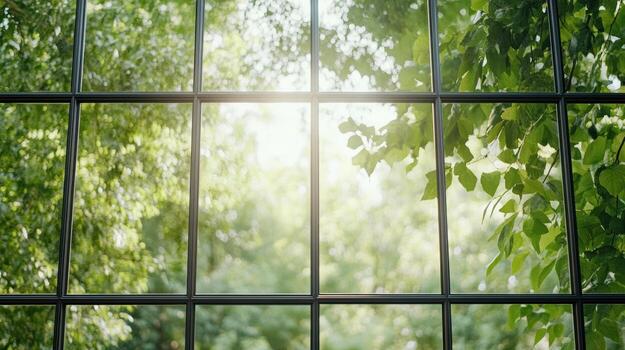 A view of a green forest through a window photo
