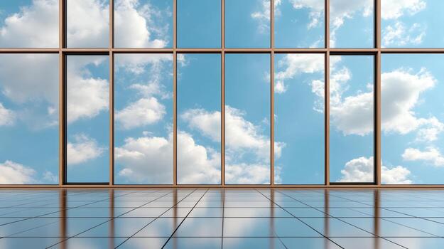 An empty room with windows and a sky photo