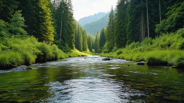 A river running through a forest with green trees photo