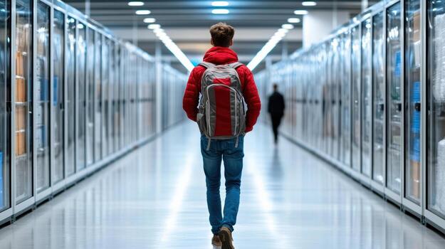 A man walking through a data center photo