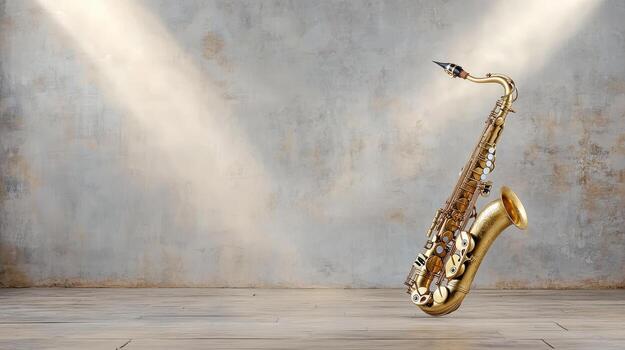 A saxophone in front of a wall with light coming from the ceiling photo