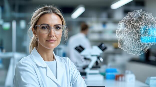 A woman in a lab coat is standing in front of a computer screen photo