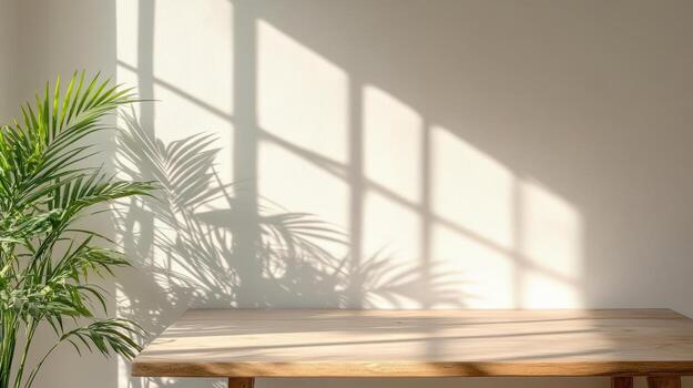 A table with a potted plant in front of a window photo