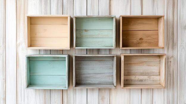 Six wooden boxes with different colors on them photo