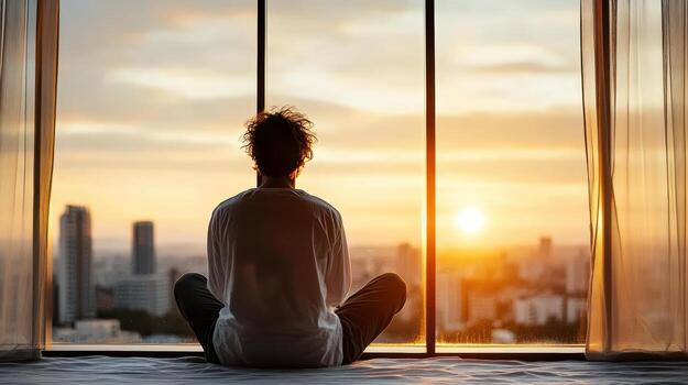 A person sitting in front of a window looking out at the city photo