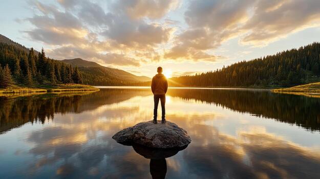 A man standing on a rock in front of a lake at sunset photo
