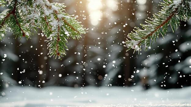 Winter background with snow and pine tree branches photo