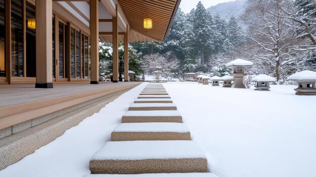 A snowy path in front of a building photo
