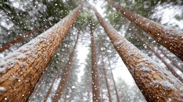 Snow falling on a pine tree in a forest photo