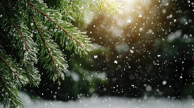 Christmas background with snow and pine tree branches photo