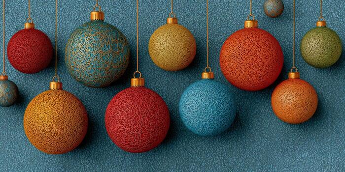 Festive decorations with colorful ornaments hanging on a textured blue background photo