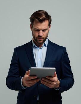 Man in navy business suit using digital tablet while standing against plain background photo