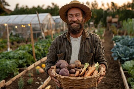 Bearded man in straw hat holding a basket of freshly harvested vegetables, standing in a lush garden with rows of crops and greenhouses in the background, showcasing sustainable farming practices photo