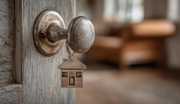 Vintage door knob with a silver house keychain hanging from it, symbolizing home ownership and security, set against a softly blurred interior background photo