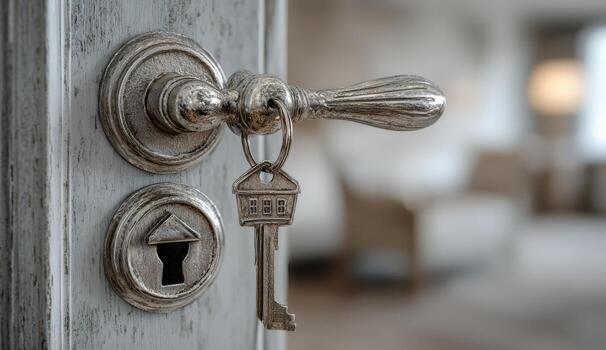 Close-up of a vintage silver door handle with a key inserted, showcasing intricate details and textures, symbolizing security and home entry in a cozy interior setting photo