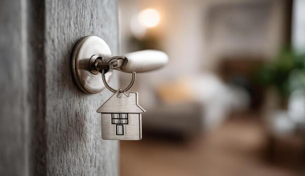 Key with house-shaped keychain is inserted into a door lock, symbolizing new beginnings and home ownership, with a blurred cozy interior in the background photo