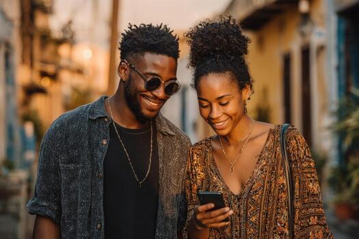 African American couple smiling while using smartphone together outdoors, surrounded by colorful buildings and warm evening light, enjoying a moment of connection and joy photo