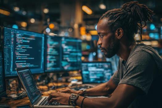 African American man working intently on laptop in modern tech workspace, surrounded by multiple screens displaying code, showcasing programming skills and digital innovation photo