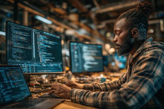 African American man focused on coding at a desk with multiple computer screens displaying programming code, immersed in a tech workspace with warm lighting and modern equipment photo