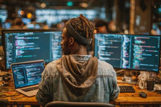 africano americano hombre sentado a un de madera escritorio, enfocado en múltiple computadora pantallas mostrando código, inmerso en un colaborativo tecnología espacio de trabajo ambiente foto