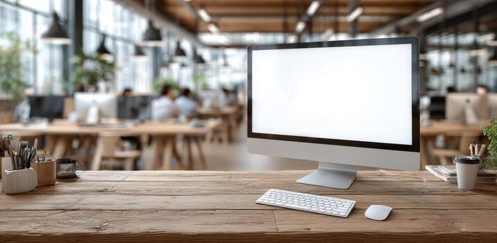 Modern workspace featuring a sleek computer monitor with blank screen, wooden desk, and organized office supplies, creating an inviting and productive atmosphere for creativity photo
