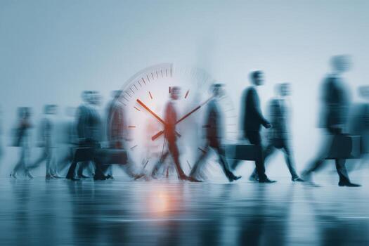 Blurred figures of diverse business professionals walking with briefcases, against a backdrop of a large clock, symbolizing the passage of time and urgency in the corporate world photo