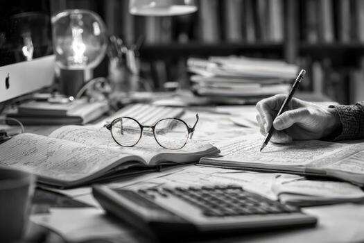 Black and white image of a focused individual writing notes with a pencil, surrounded by books, glasses, and a calculator on a cluttered desk, illustrating a studious atmosphere photo