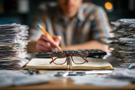 Focused individual wearing glasses is calculating expenses with a calculator surrounded by stacks of paperwork and an open notebook, illustrating financial organization and diligence photo
