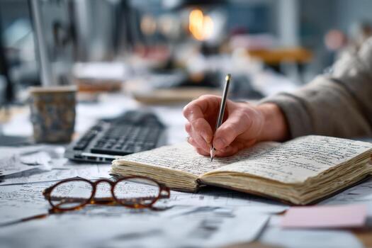 Close-up of a hand writing in a notebook filled with handwritten notes, surrounded by scattered papers, glasses, and a coffee cup on a cluttered desk, illustrating the creative process photo