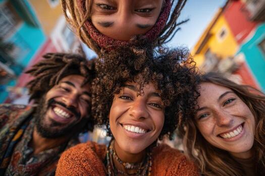 Group of diverse friends smiling joyfully in a vibrant urban setting, showcasing camaraderie and connection, with colorful buildings in the background, capturing a moment of happiness photo