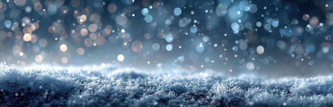 Snowy landscape with sparkling snowflakes falling gently, creating a serene winter atmosphere, illuminated by soft bokeh lights in the background, evoking a magical seasonal feeling photo