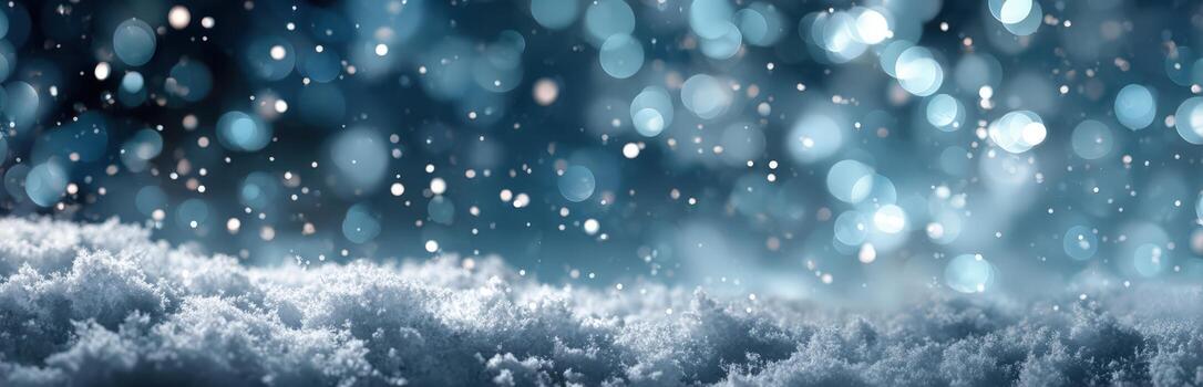 Snowy landscape with soft white snow covering the ground, shimmering snowflakes falling gently, creating a serene winter atmosphere with a blurred bokeh background of cool tones photo