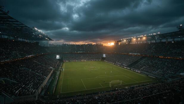 Large stadium filled with enthusiastic fans, under dramatic cloudy sky, as the sun sets, capturing the excitement of a live soccer match atmosphere and sporting event photo