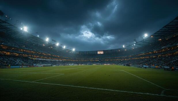 Expansive view of a stadium under dramatic stormy skies, illuminated by bright floodlights, showcasing an empty green field ready for an exciting sports event atmosphere photo