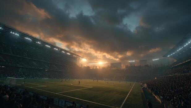 Spectacular sunset over a large stadium filled with enthusiastic fans, capturing the excitement of a live soccer match in a vibrant atmosphere with dramatic clouds photo