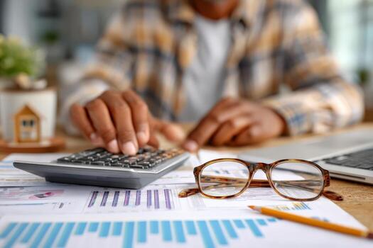 African American man using a calculator while analyzing financial documents on a desk, with glasses and a pencil nearby, illustrating the concept of financial planning and analysis photo
