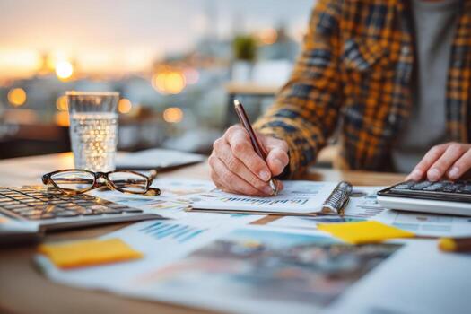 Individual with glasses is writing notes and analyzing data on a desk filled with documents, calculator, and a glass of water, capturing a moment of focused productivity photo
