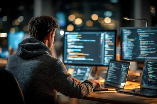 Male software developer in gray hoodie working late at night, focused on multiple screens displaying code, creating innovative solutions in a modern tech workspace photo