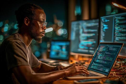 African American man focused on coding at night, surrounded by multiple screens displaying programming languages, creating a dynamic tech workspace atmosphere photo