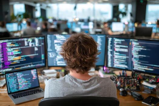 Young male programmer with curly hair working at a desk with multiple monitors displaying code, surrounded by a modern office environment, showcasing technology and collaboration photo
