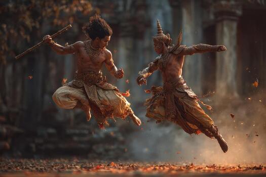 dos masculino marcial artistas en tradicional atuendo comprometido en dinámica combate, rodeado por que cae hojas, exhibiendo fuerza y agilidad en un antiguo templo ajuste foto