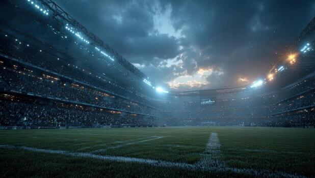 Expansive stadium view showcasing vibrant green field under dramatic cloudy sky, illuminated by bright floodlights, creating an electrifying atmosphere for sports events and gatherings photo