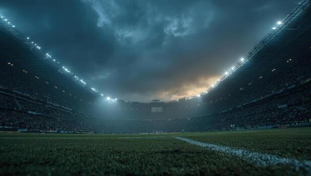 Dramatic view of a football stadium at dusk, with vibrant lights illuminating the field and a crowd of enthusiastic spectators creating an electrifying atmosphere photo