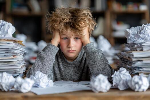 Young boy with messy hair sitting at a cluttered desk, surrounded by crumpled papers, showing signs of frustration and stress while working on school assignments photo