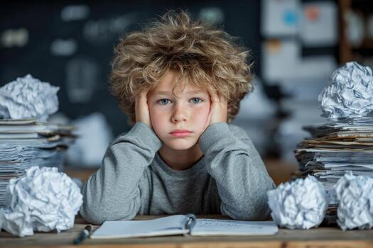 Young boy with curly hair sitting at a desk surrounded by crumpled papers and notebooks, expressing frustration and concentration on homework tasks in a cluttered study environment photo