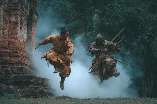 Two martial artists in traditional attire engage in a dynamic fight scene, leaping through smoke in a forested area, showcasing skill and intensity in a dramatic moment photo