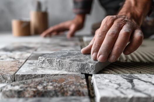 Skilled craftsman placing stone tiles on a floor, showcasing intricate patterns and textures, with tools and materials arranged in a modern workspace environment photo