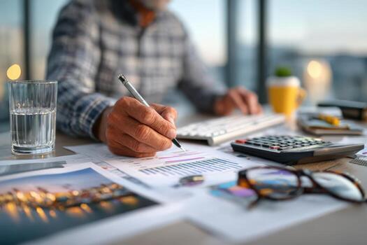 Senior man in a checkered shirt is analyzing financial data with a pen, surrounded by documents, calculator, and glass of water, illustrating a professional workspace environment photo