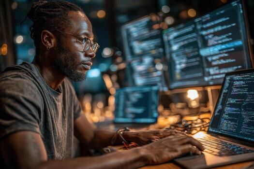 africano americano hombre enfocado en codificación a un escritorio con múltiple computadora pantallas mostrando programación idiomas, exhibiendo un moderno tecnología espacio de trabajo y digital creatividad foto