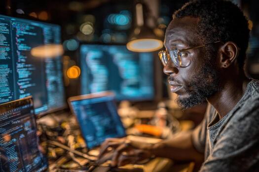 African American man working intently at multiple computer screens, surrounded by glowing code and warm ambient lighting, showcasing modern technology and programming skills photo